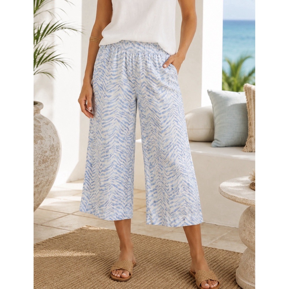 Tahari White Blue Linen Cropped Pant Pull On Wide Leg Flowy Breathable Medium